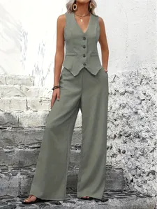 Women Top And Bottom Fashion Sleeveless Vest And High Waist Wide Leg Pants Set Polyester Crinkled Casual Commuter Outfit