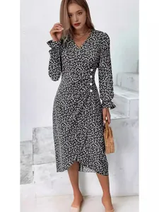 Elegant black floral print long sleeve midi dress with V-neck and irregular wrap hemline