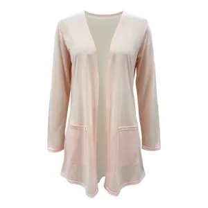 Casual solid color long-sleeved mid-length open front cardigan for women in light pink