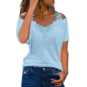 Women's light blue V-neck T-shirt with elegant lace patchwork and cold shoulder detail