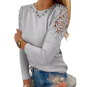 T-shirt à manches longues ajusté pour femme avec épaules ajourées en dentelle florale