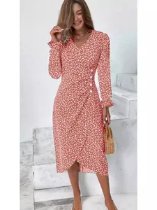 Elegant pink floral print wrap midi dress with puff sleeves and asymmetrical hemline