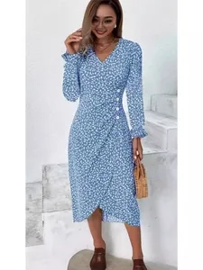 Elegant blue floral print long-sleeved midi dress with V-neck and ruffle cuff details