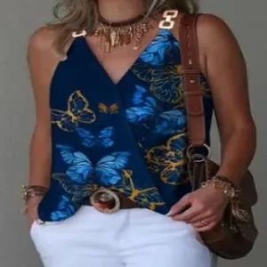 Stylish navy blue women's V-neck butterfly print tank top with gold metal chain straps.
