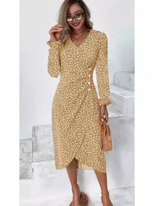 Yellow floral print V-neck long sleeve dress with side buttons and irregular hemline