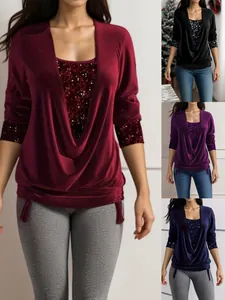 Elegant women's cowl neck sequin top faux two-piece long sleeve shirt in multiple colors