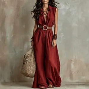Combinaison pantalon élégante sans manches rouge foncé pour femme avec ceinture