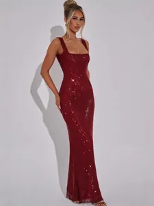 Robe Longue Sexy pour Femmes avec Paillettes et Strass en Maille Robe de Soirée Moulante Élégante Sans Manches pour Banquet