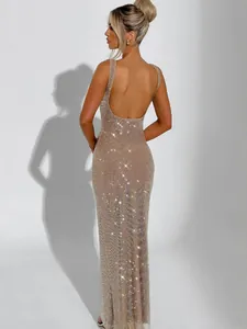 Robe de soirée longue dos nu élégante en or champagne avec paillettes et strass