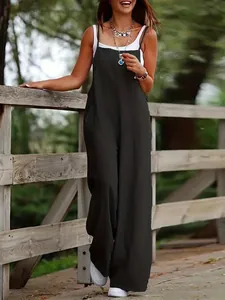 Elegante tuta nera da donna con gamba larga e design senza maniche dalla vestibilità comoda