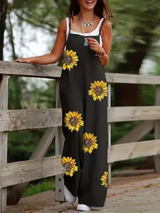 Tuta nera da donna con spalline sottili e originale stampa girasole leopardata