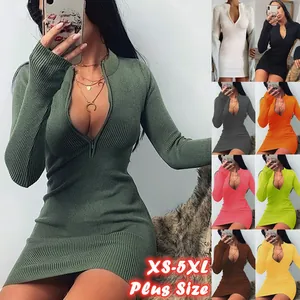 Abito Donna Sexy con Scollo a Cerniera in Maglia a Costine Bodycon Manica Lunga Vestibilità Slim Mini Abito Tinta Unita Autunno Moda Clubwear