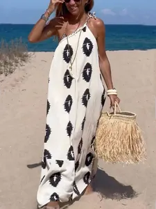 Bohemian abstract printed one-shoulder maxi dress for summer beach resort vacations