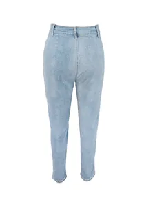 Back view of classic high-waisted light blue stretch denim skinny jeans for women on white