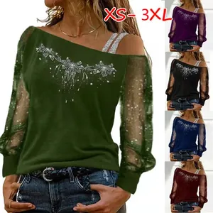 Women Casual Long Sleeve T-Shirt Asymmetric Cold Shoulder Polyester Top Loose Fit Bronzing Floral Pattern Mesh Splicing Clothing