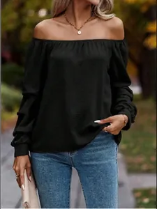 Women Sexy Off Shoulder Long Sleeve Boat Neck T-Shirt Polyester Solid Color Slim Fit Autumn Pullover Casual Top
