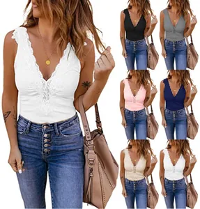Various color options for women's V-neck knit tank top with delicate lace trim details