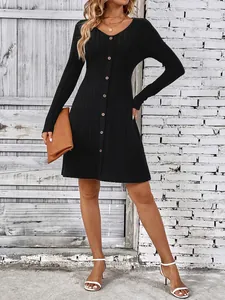 Elegant black V-neck long sleeve knit dress with decorative front buttons for women