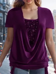 Purple sequin draped cowl neck faux two-piece top for women with ruched details