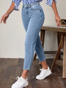 Classic women's high-waisted stretchy slim-fit denim jeans in a light blue wash