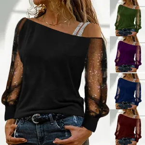 Γυναικείο T-Shirt με Έναν Ώμο και Μακριά Μανίκια Μπαλωματικό Δίχτυ με Πούλιες Μονόχρωμη Χαλαρή Μπλούζα Μοντέρνα Casual T-Shirt