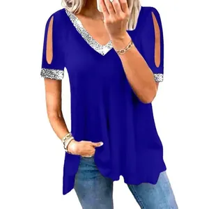 Königsblaues Damen-T-Shirt mit Pailletten-V-Ausschnitt und modischen Cut-Out-Schultern