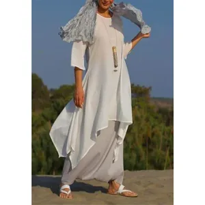 Elegant white loose cotton linen maxi dress for women with asymmetric hem boho style