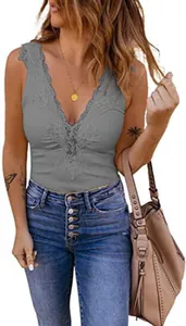 Detailed close-up view of a grey women's knit tank top featuring delicate V-neck lace trim.