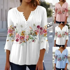 Women's V Neck Floral Print Pleated Button Top Polyester Long Sleeve Slim Blouse Casual Elegant Printed Pullover Shirt