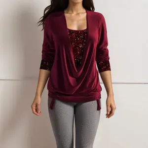 Burgundy sequined long-sleeve faux two-piece top with elegant cowl neck for women