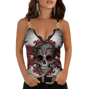 Women's camisole with gothic sugar skull print, chain straps, and lace V-neck trim