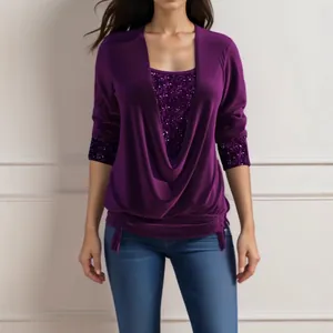 Elegant purple sequined long sleeve top featuring a draped cowl neck design for women