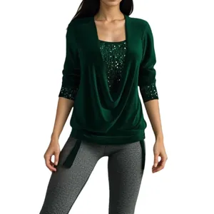 Elegant dark green sequin cowl neck faux two-piece long sleeve top for women