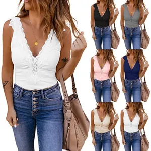 Women Deep V Neck Lace Patchwork Tank Top Knitted Sleeveless Summer Casual Vest Solid Color Slim Fit Top