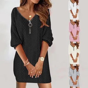 Women's Mini Dress V-Neck Cable Knit Long Sleeve Solid Color Zip Front Slim Fit Casual Commuter Fall Sweater Dress