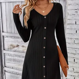 Women Fashion Long Sleeve Polyester Dress V-Neck Ribbed Knit Button Front Solid Slim Waist Mini Pencil Dress For Fall Casual