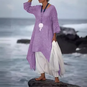 Loose purple cotton linen dress with irregular hem and long sleeves for beach resort wear