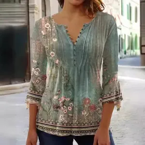 Vintage floral print V-neck pleated button t-shirt for women casual spring summer top