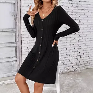 Elegant black ribbed long sleeve mini dress with button-down front and V-neckline