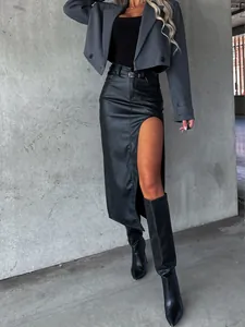 Trendy black faux leather high waist midi skirt featuring a sexy thigh-high slit and belt