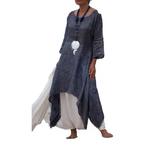 Loose bohemian cotton linen long sleeve dress with irregular hem in solid dark grey