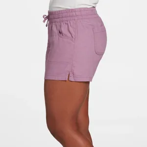Detailed side view of women's mauve high-waisted drawstring loose wide-leg linen shorts