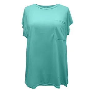 Close-up detail of women's mint green short sleeve T-shirt featuring a front chest pocket