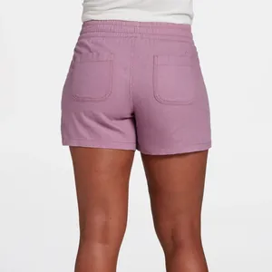 Detailed back view of women high waist loose wide leg linen shorts in purple color
