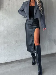 Stylish sexy high slit black faux leather midi skirt for women European fashion
