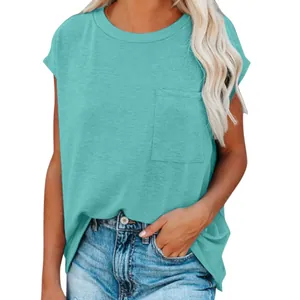 Detail view of a turquoise short sleeve T-shirt with a chest pocket and round neckline