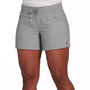 Comfortable women's casual high-waisted gray shorts with adjustable drawstring and pockets