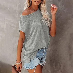 Casual grey off-the-shoulder t-shirt for women featuring a functional front pocket detail