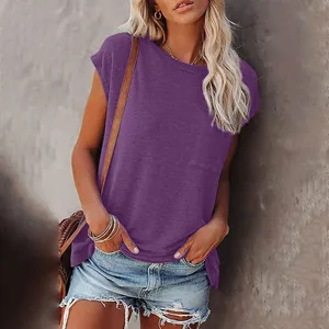 Casual purple women's short sleeve T-shirt with pocket and round neck design.