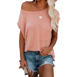 Casual women's off-shoulder short sleeve T-shirt with front pocket in dusty pink color